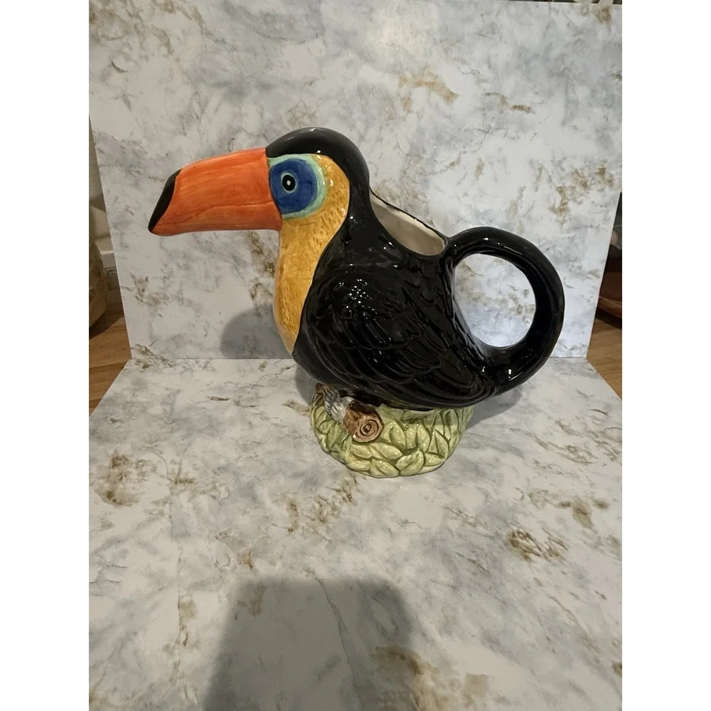 Vintage Toucan Ceramic Pitcher Jug Vase Tropical Bird 9